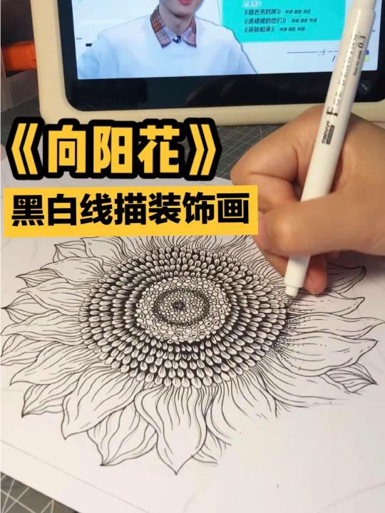 「黑白线描装饰画」-“向阳花”