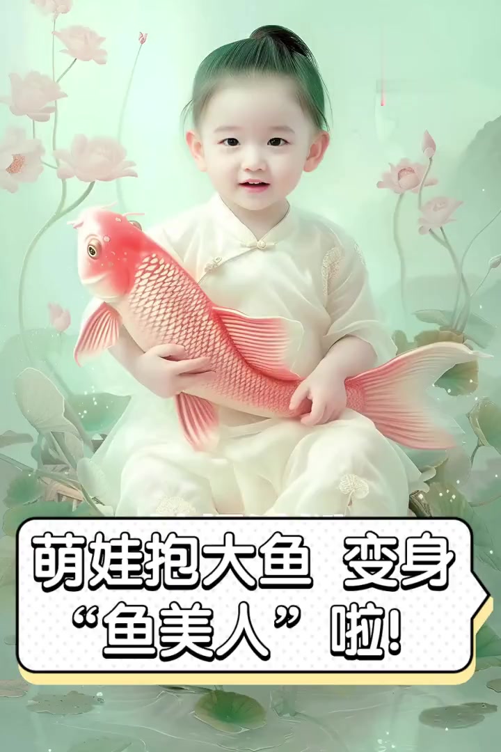 萌娃抱大鱼,变身“鱼美人”啦!