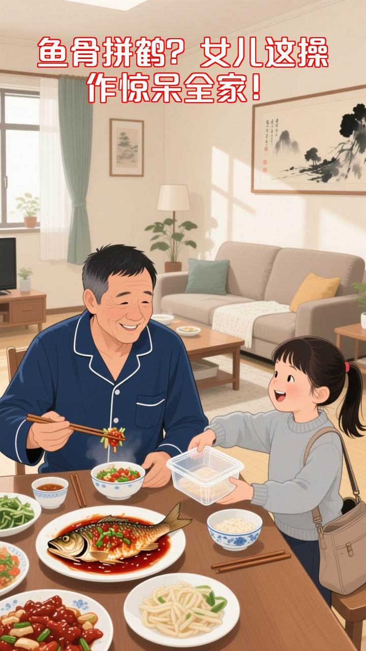 家庭聚餐女儿突然用鱼骨拼仙鹤，背后真相让父母泪目！