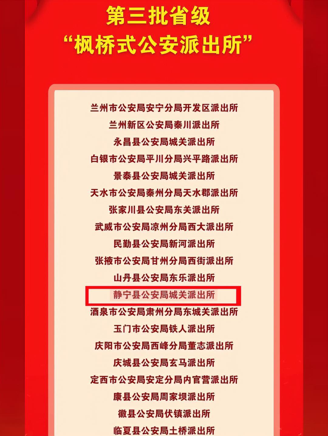 全市唯一入选!静宁县公安局城关派出所被命名为第三批省级“枫桥式公安派出所”。枫桥经验 基层
