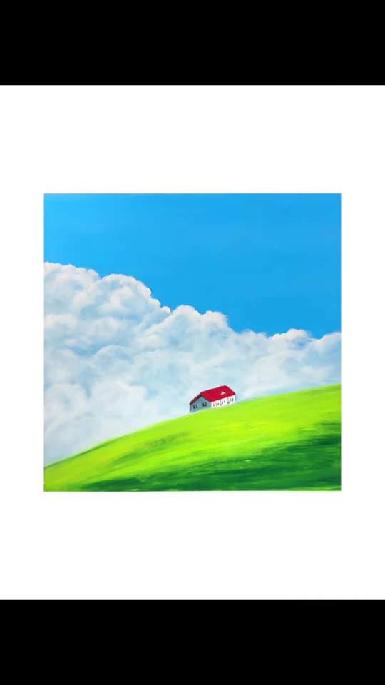 山坡上的红房子,油画棒作品