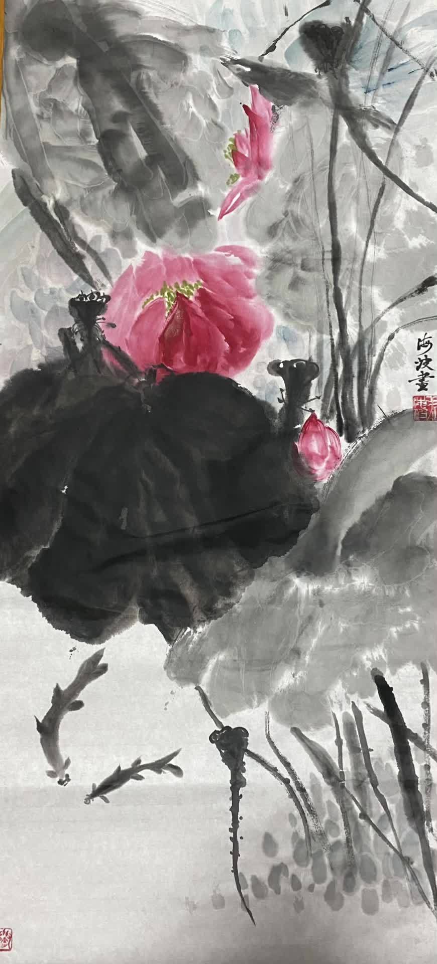 中国水墨画练习:荷花鱼嬉。水墨写意