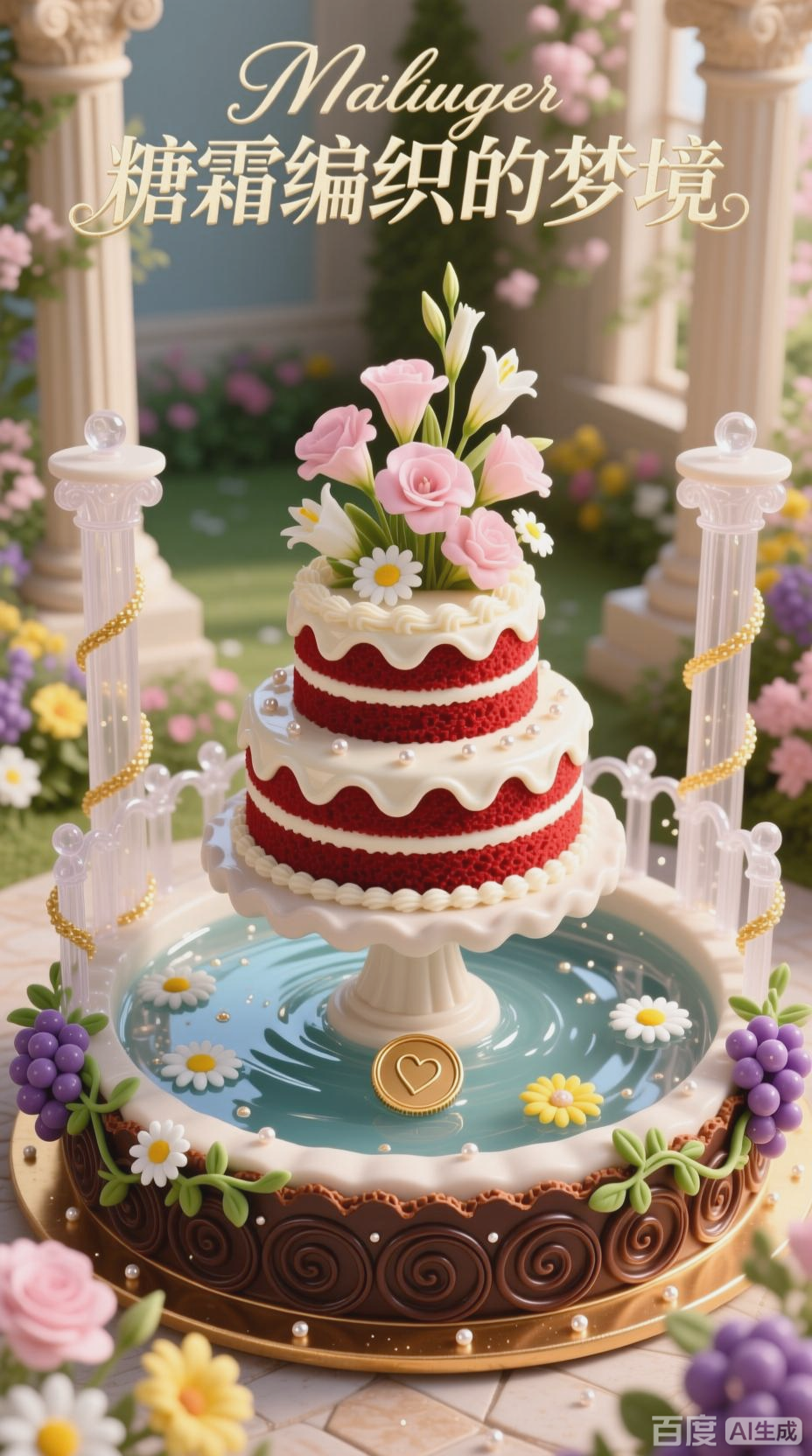 公主梦紫静馨里的欧式鲜花许愿池蛋糕