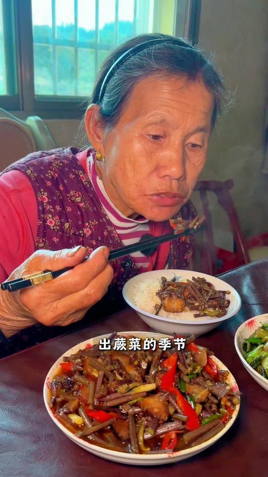 外婆进山摘蕨菜，配腊肉爆炒，鲜香味浓