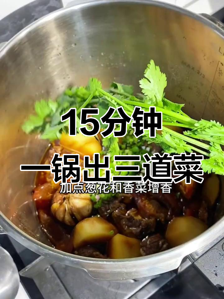 一口高压锅,15分钟搞定三道菜:番茄土豆炖牛腩、蒸米饭和蛋羹