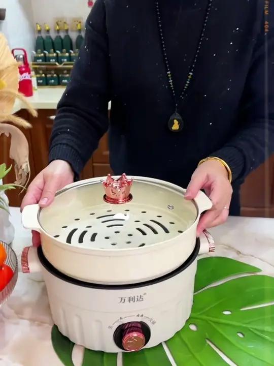 万利达3.6L加蒸电笼蒸,大容量双层多功能锅蒸煮炒煎一体锅电煮锅多功能电煮锅蒸煮一体锅推荐