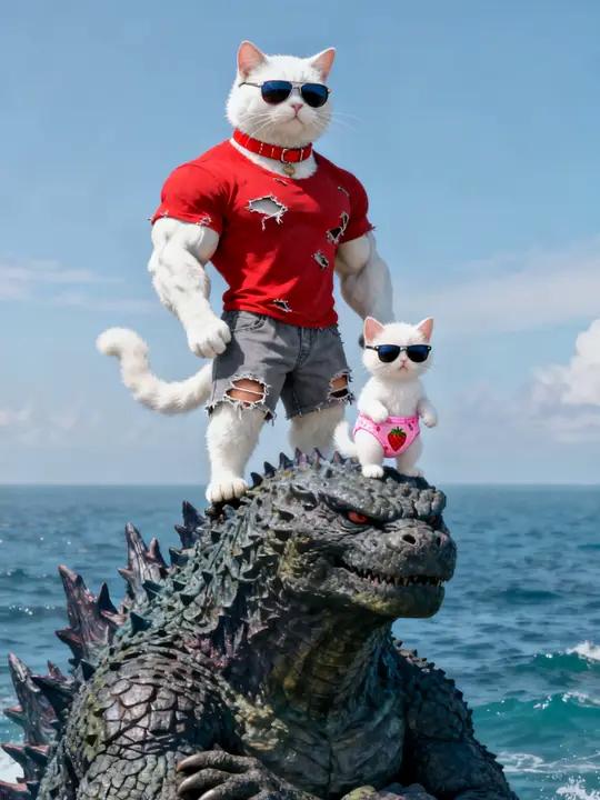 穿纸尿裤的小猫太惨了!被狗推下海喂鲨鱼,还好她爹喊来了哥斯拉 AI猫咪剧情 猫咪的迷惑行为
