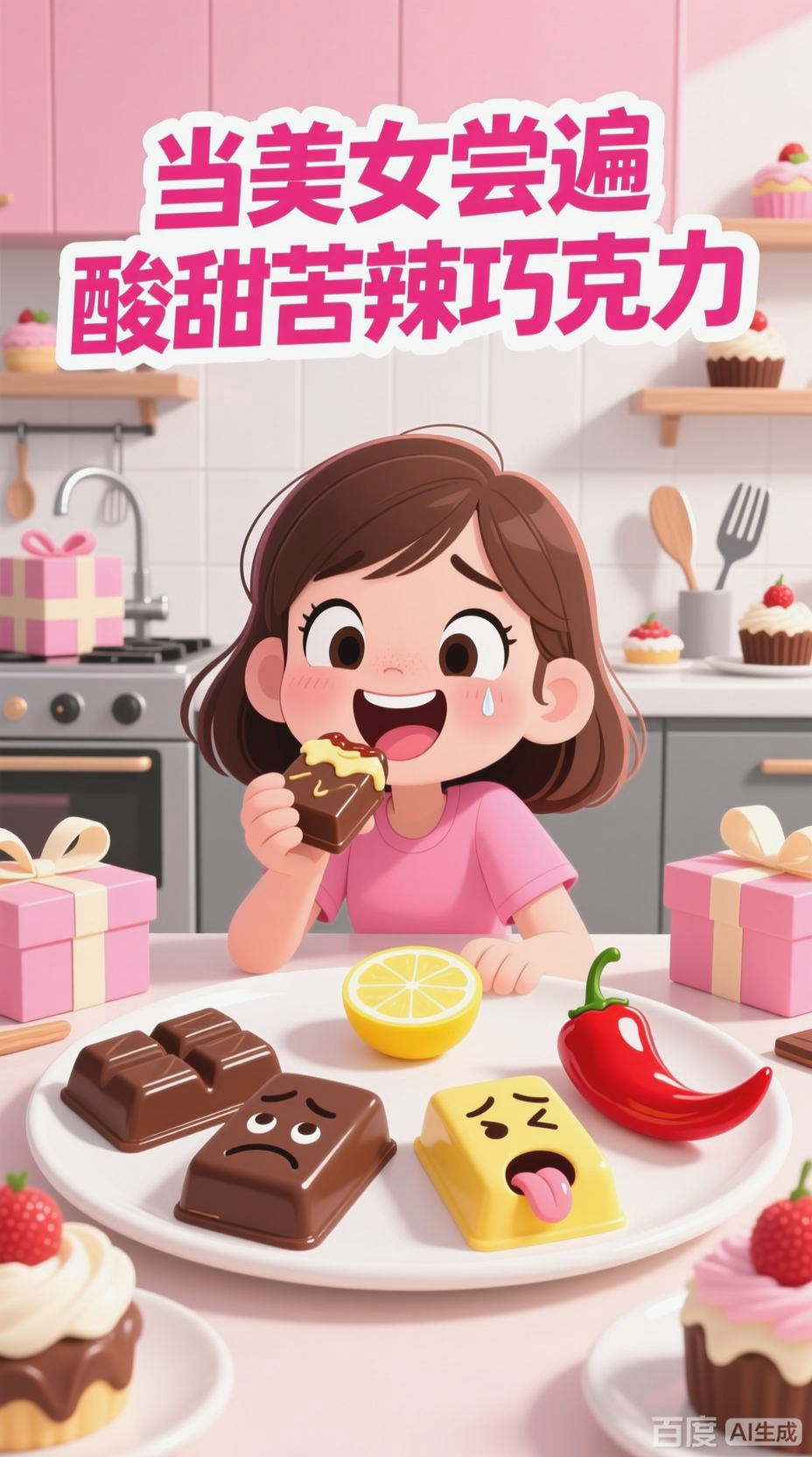 漂亮女孩品尝甜酸苦辣巧克力