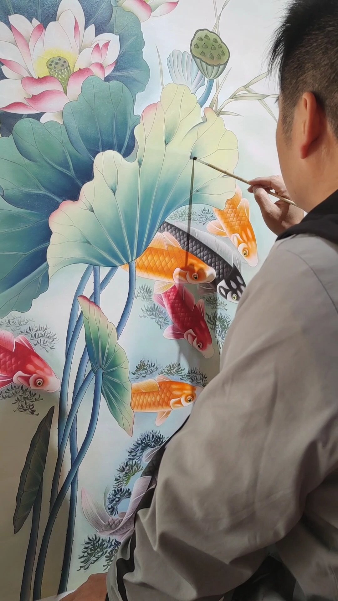 油画·工笔「荷花锦鲤图」