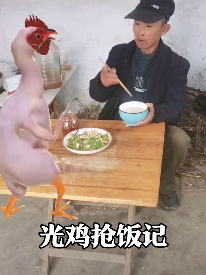 光腚鸡上桌抢饭,大爷摘帽反击笑喷