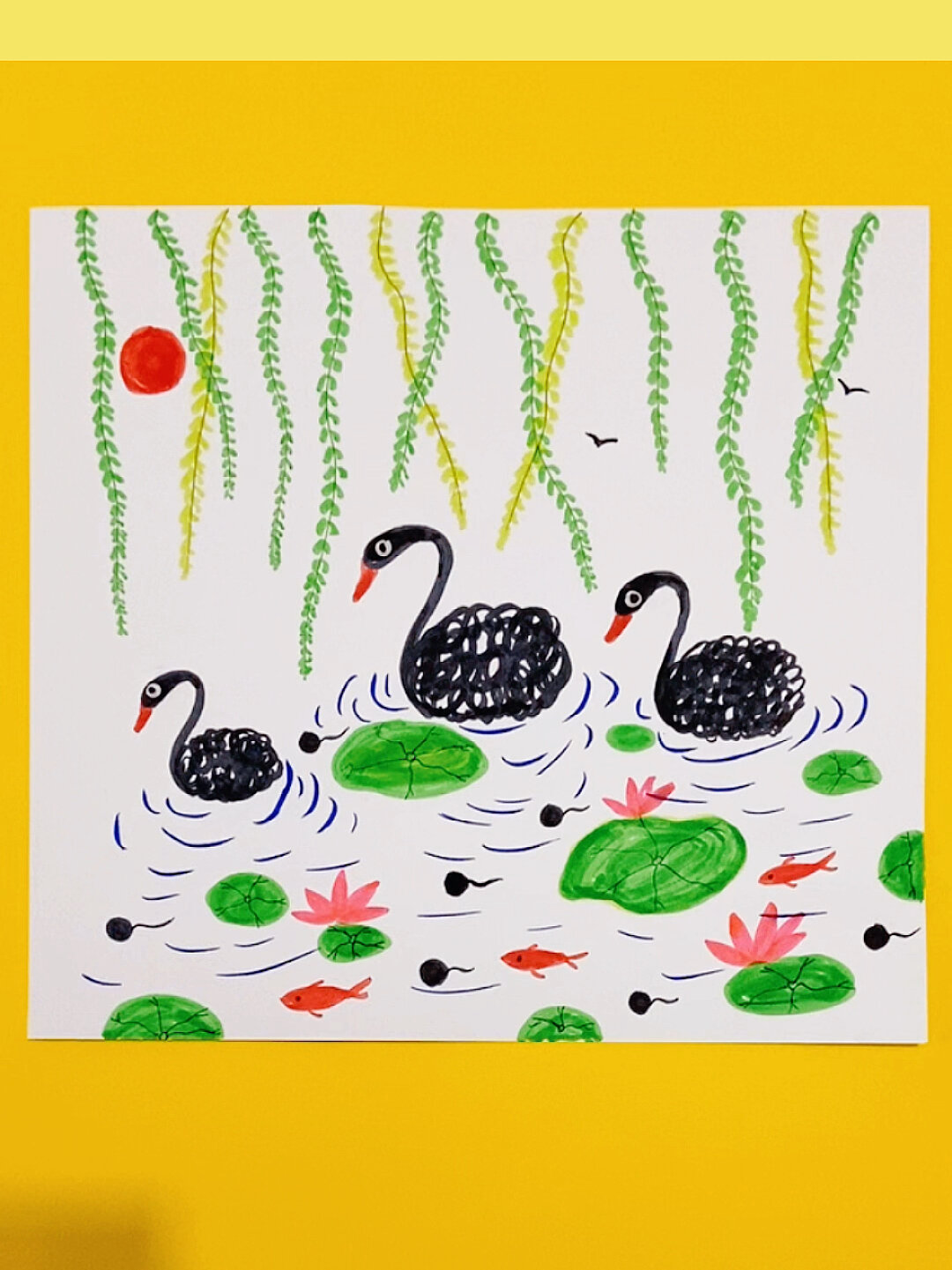 儿童水彩笔画:盛夏荷塘/幼儿园涂鸦黑天鹅