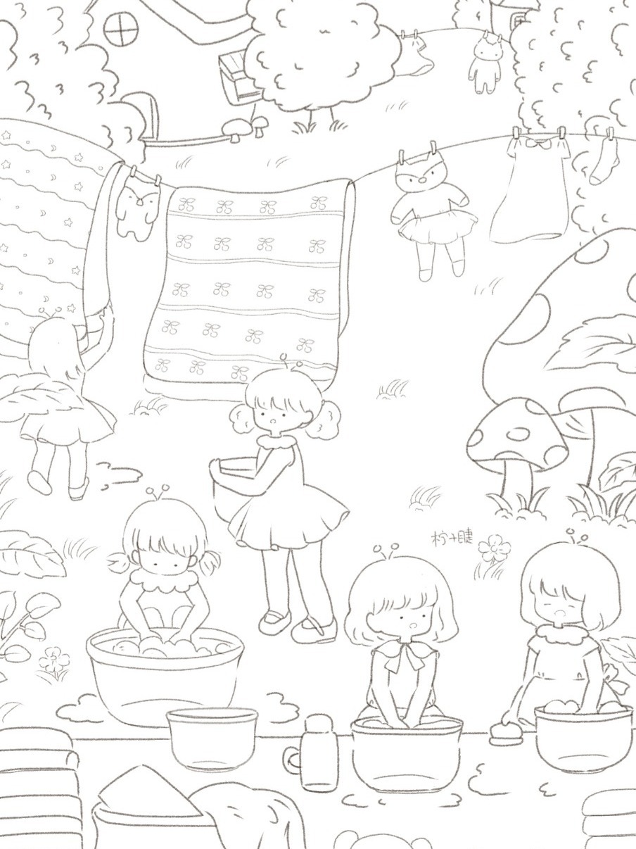 儿童插画|场景线稿绘制过程|洗衣服的女孩