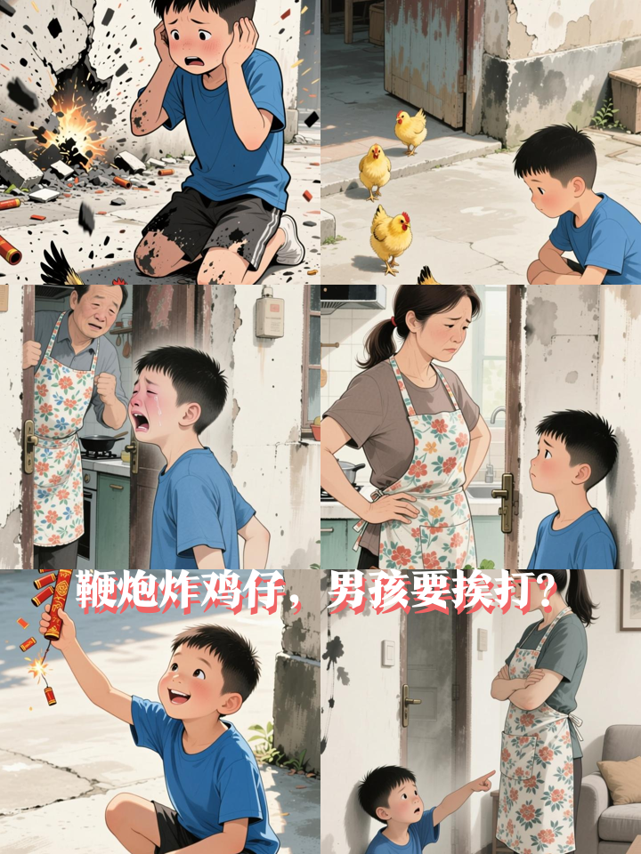 男孩在家门口玩鞭炮，意外炸飞一只鸡仔，网友：少不了一顿打吧