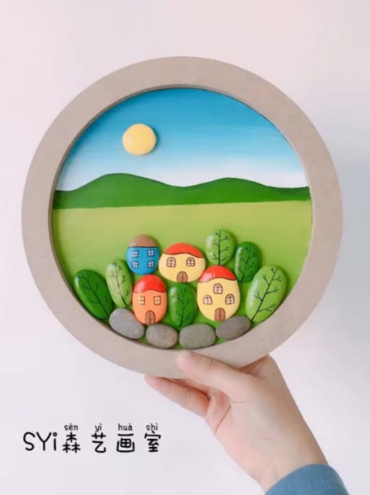 石头拼画|幼儿园创意手工装饰画|石头画作品