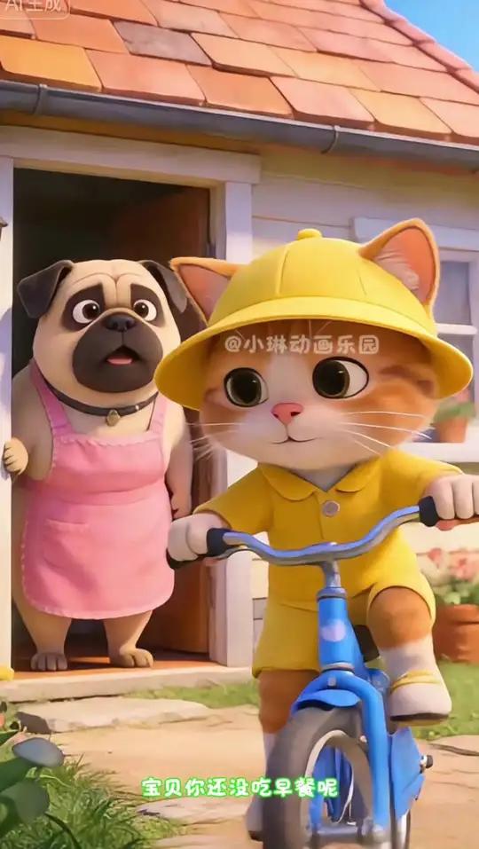 卡通小猫咪明白了上学前一定要吃早餐