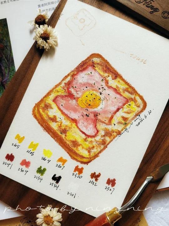 油画棒教程|煎蛋培根吐司