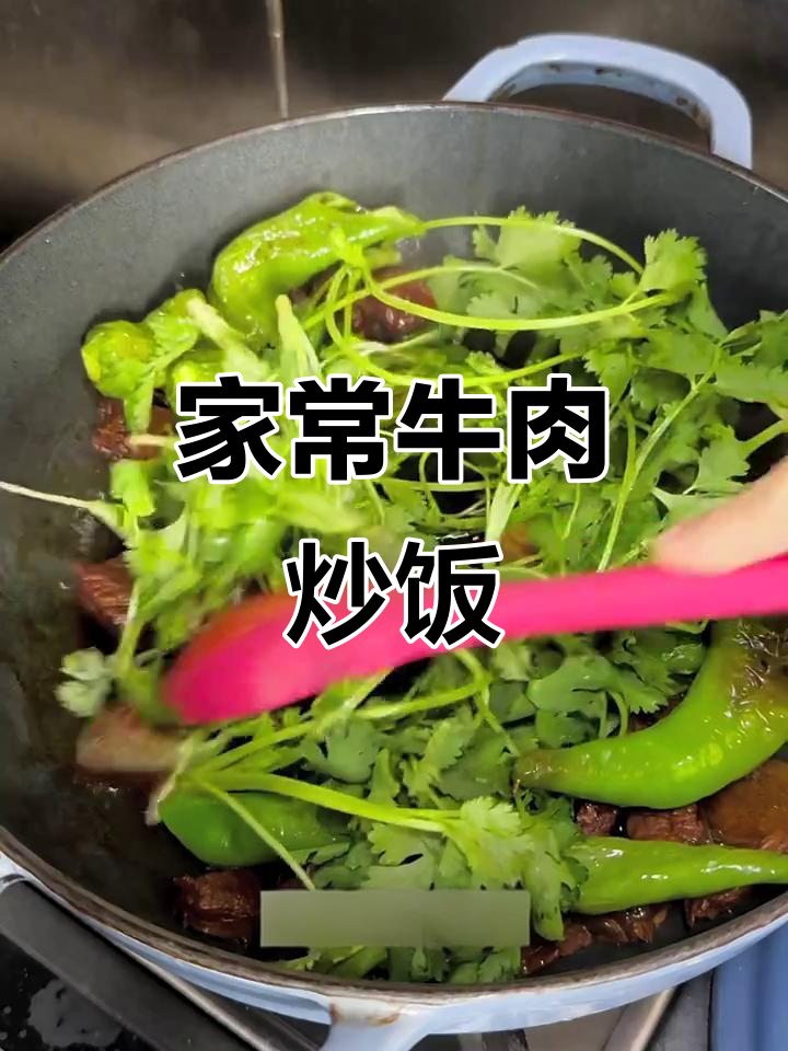 简单家常牛肉炒饭,配辣椒和酱油提味