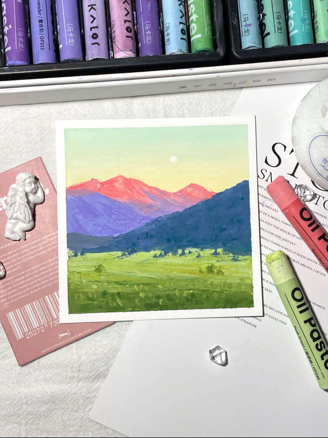 油画棒|简单的山间傍晚(视频教程)