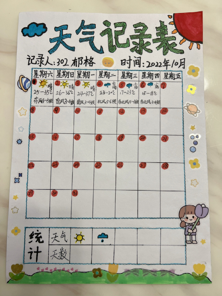 三年级,科学天气记录表