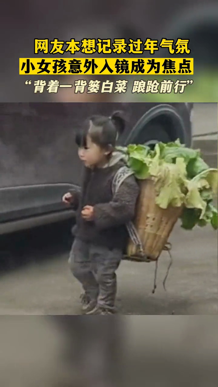 1月9日 云南,网友原本想记录过年气氛,一个小女孩意外入镜,背着一筐白菜 踉跄从他们面前走