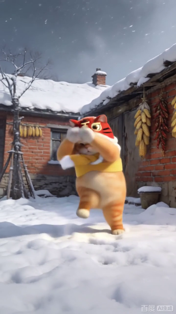 虎帽橘猫雪地搞怪