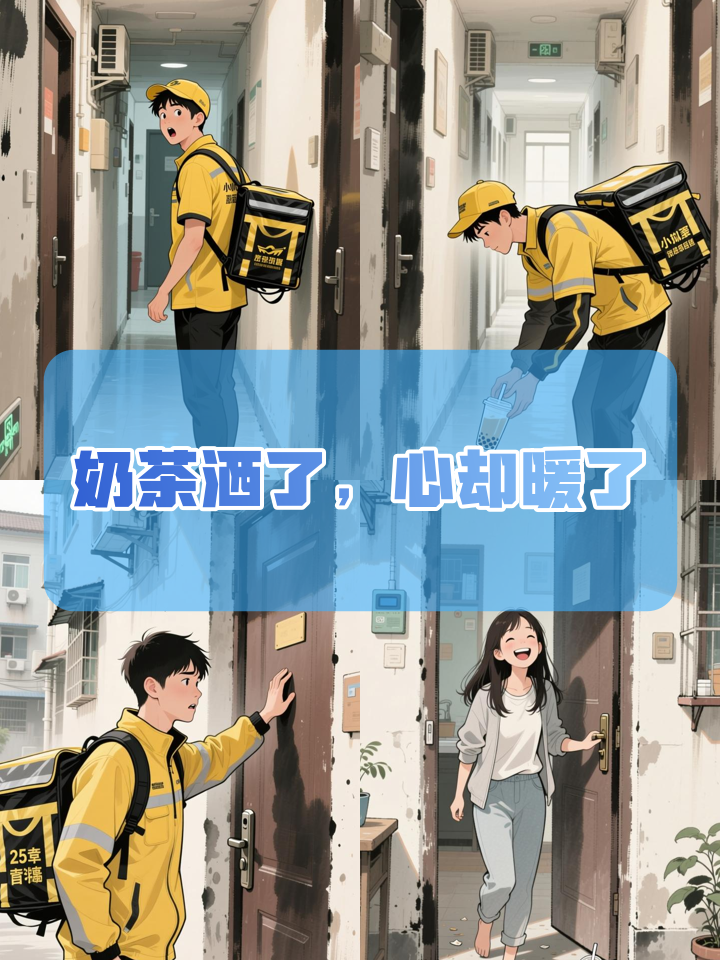 2月1日，福建安溪一名外卖小哥送奶茶到门口柜子上放好，没想到柜子不平奶茶掉地上洒了，女孩开