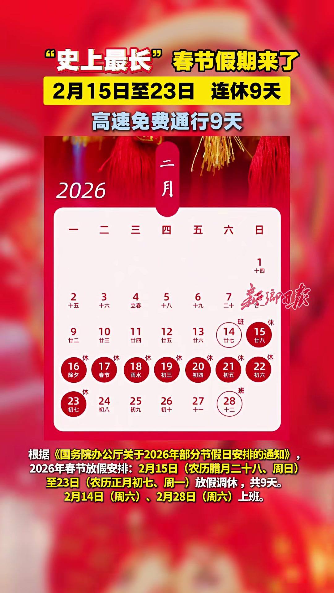 “史上最长”春节假期来了！2月15日至23日，连休9天。高速免费通行9天