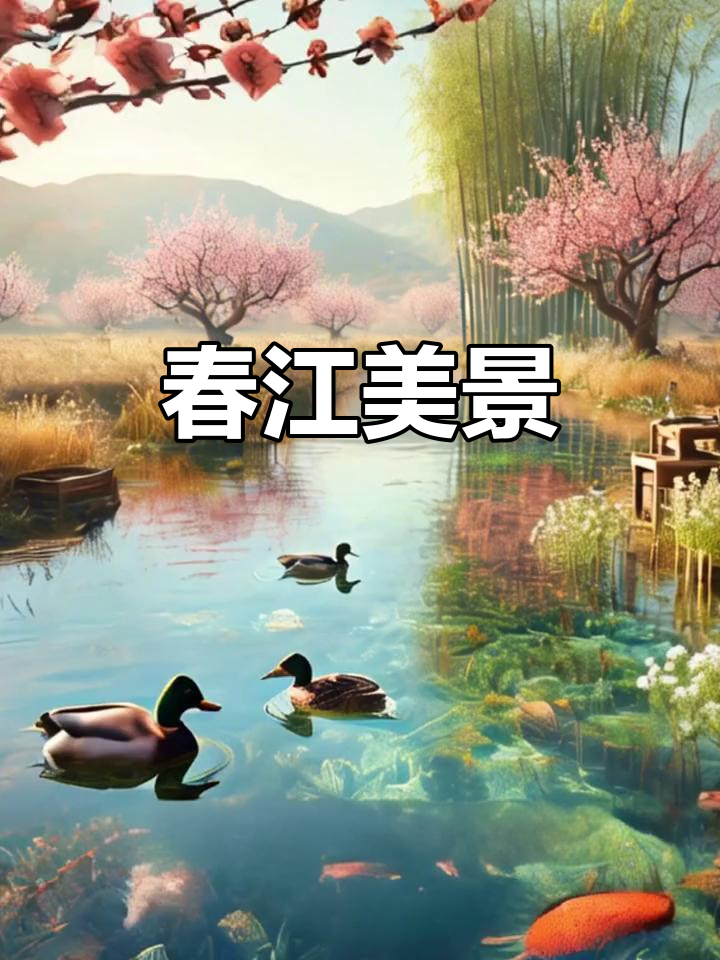 春江水暖,桃花盛开,鸭子戏水,新芽芦苇映衬其中