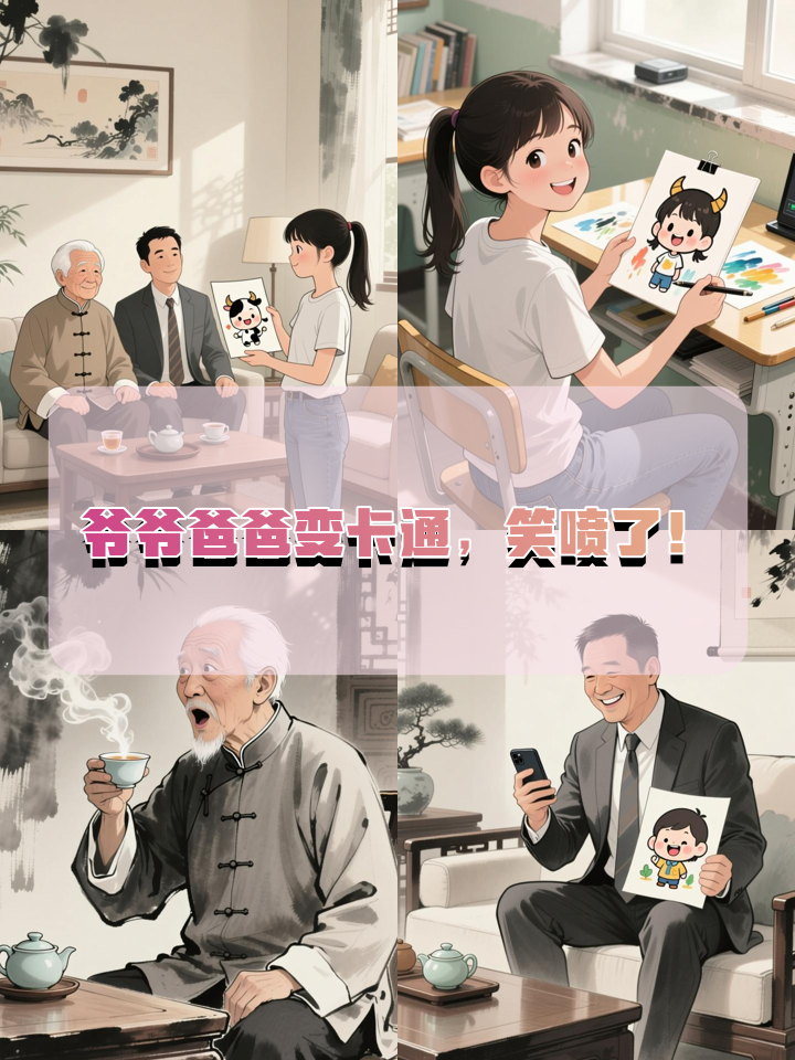 我把爷爷爸爸画成Q版卡通，他们的反应让我笑到肚子疼！