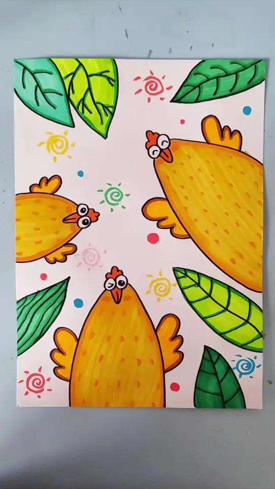 可爱的小鸡一家简笔画,关于春天的主题画,简单好看一学就会