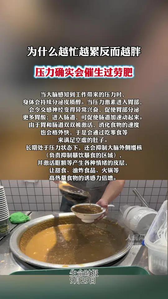 为什么越忙越累反而越胖 压力确实会催生过劳肥  当大脑感知到工作带来的压力时,身体会持续分
