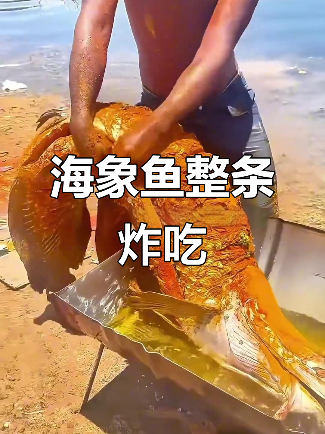巨型海象鱼油炸,百斤大鱼翻面需两人合力