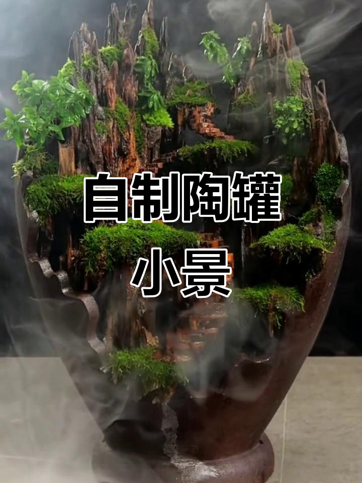 手工打造陶罐微景观,倒悬山峰与苔藓搭配成自然意境