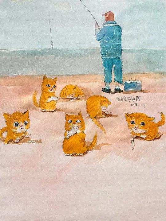 钓鱼给想吃鱼的猫咪,被暖到了 今天出去钓鱼,吸引来一群想吃鱼猫咪,在我努力下让每个猫咪吃上