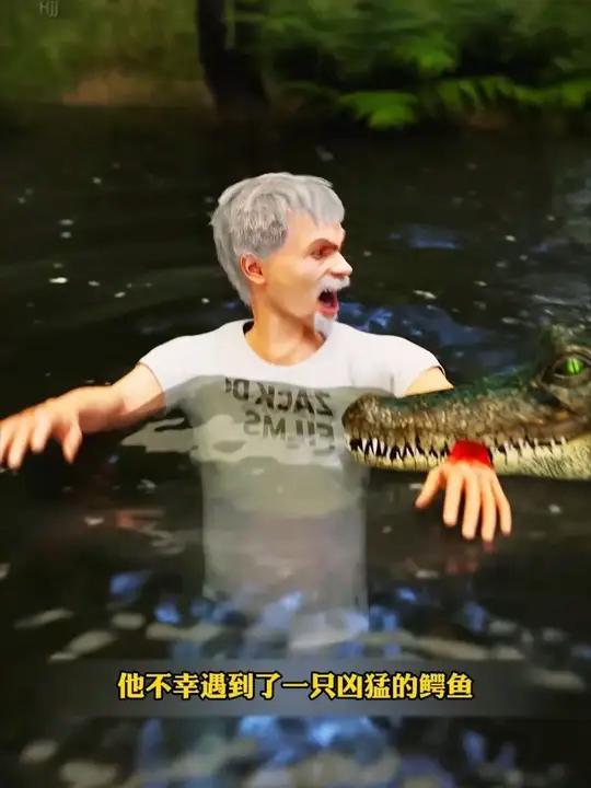 在一个荒野的河边,他不幸遇到了一只凶猛的鳄鱼,这只鳄鱼一口咬住了他的胳膊,开始猛烈地旋转