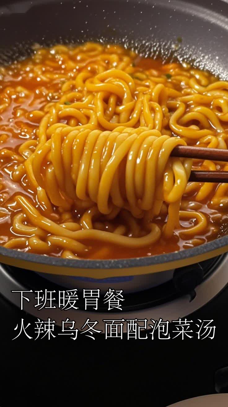下班暖胃餐火辣乌冬面配泡菜汤