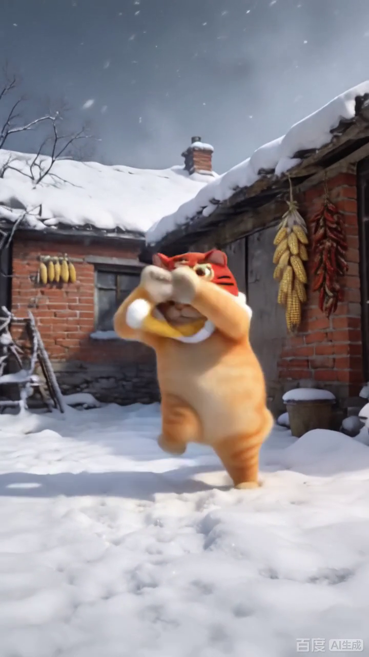 虎帽橘猫雪地搞怪