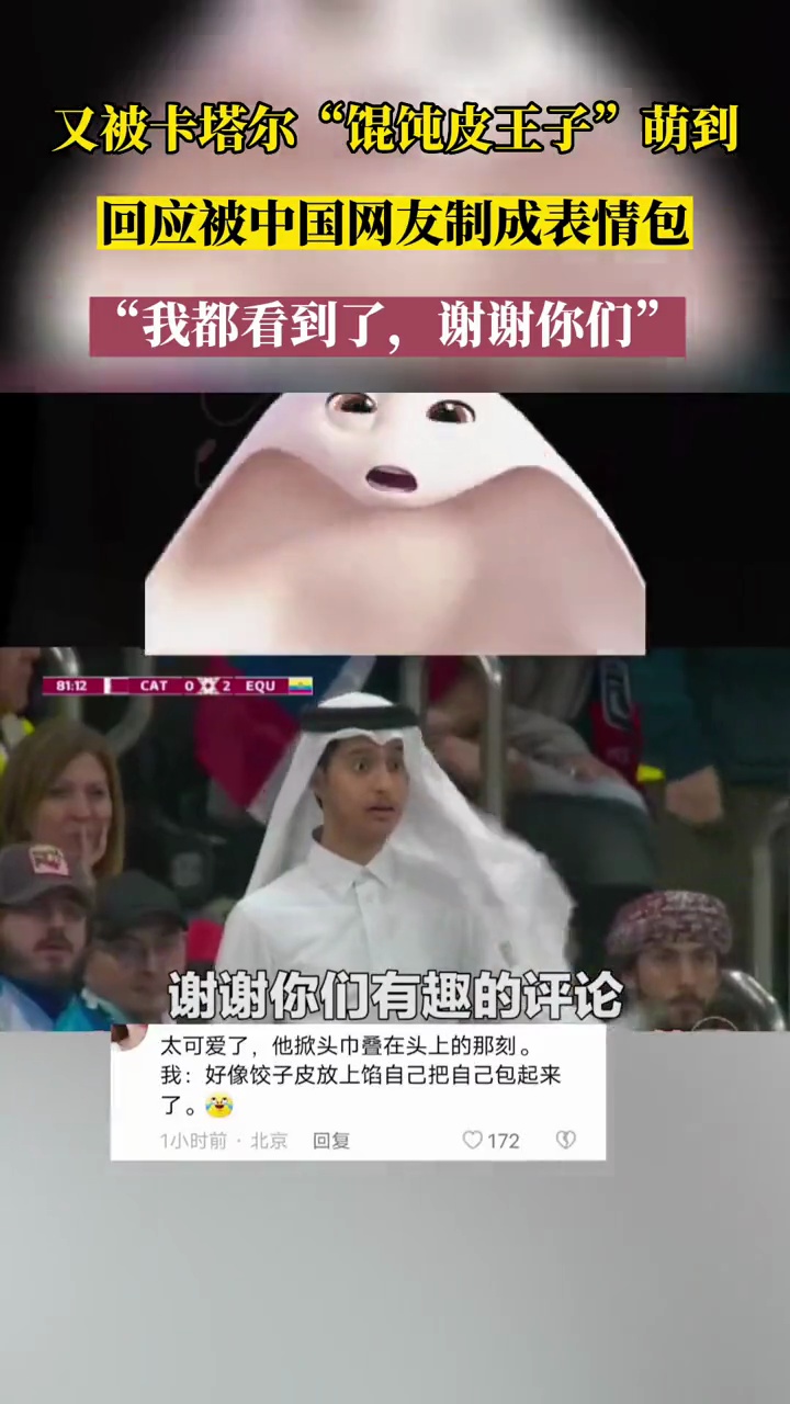 又被卡塔尔“馄饨皮王子”萌到,回应被中国网友制成表情包,“我都看到了,谢谢你们” 卡塔尔世