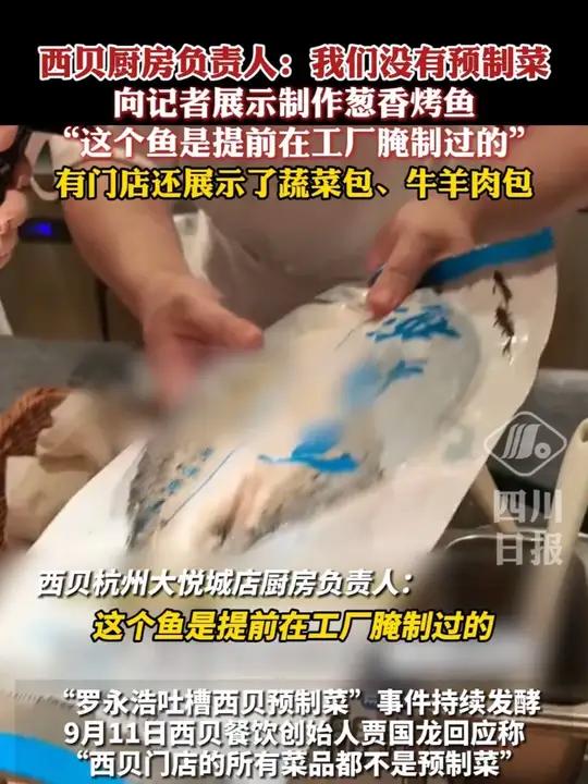 西贝厨房负责人向记者展示如何制作葱香烤鱼,有门店还展示了蔬菜包和牛羊肉包