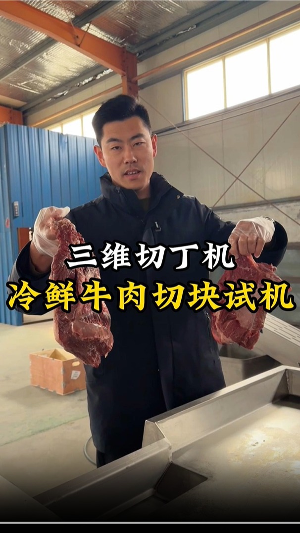 三维切丁机,冷鲜牛肉切块试机,不连筋膜不连刀,切块均匀