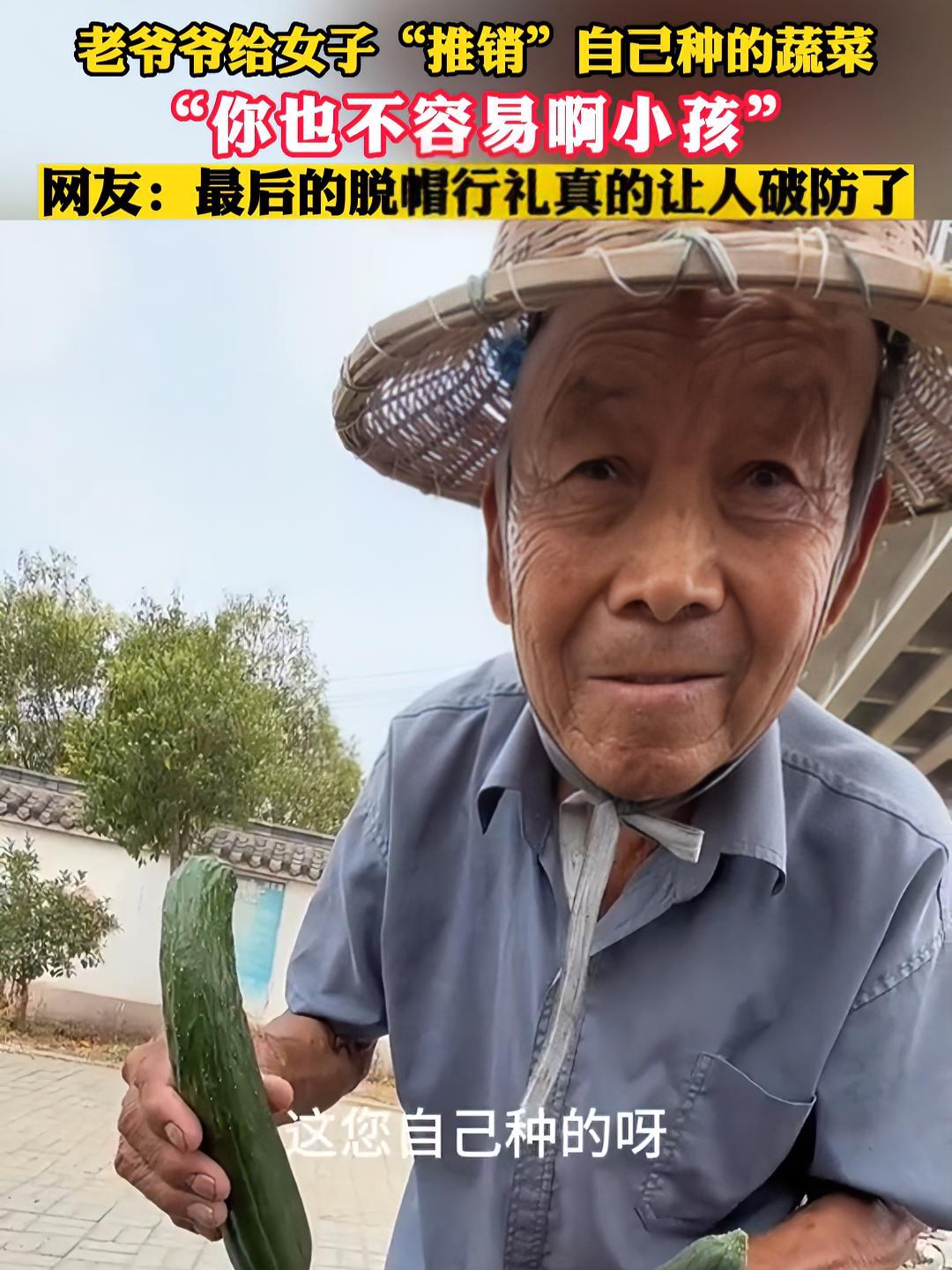 老爷爷给女子“推销”自己种的蔬菜,“你也不容易啊小孩”。网友:最后的脱帽行礼真的让人破防了