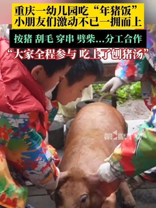 小朋友们激动不已一拥而上！按猪、刮毛、穿串、劈柴……分工合作，廖园长：全园的孩子们吃了烤肉