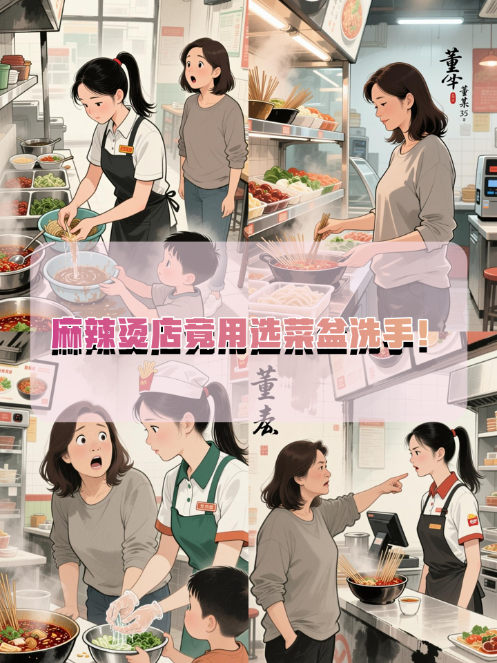 离谱！麻辣烫店用选菜盆给孩子洗手搓灰，顾客直呼恶心：再不去了
