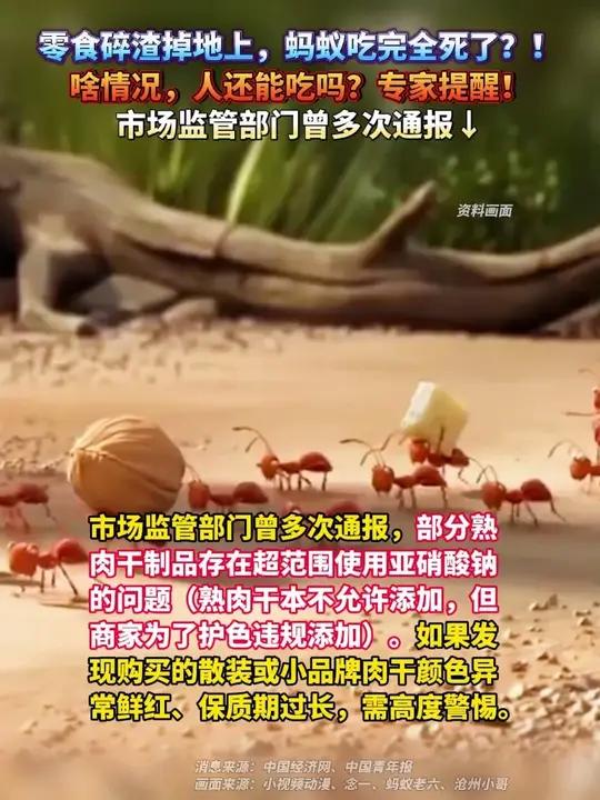 零食碎渣掉地上，蚂蚁吃完全死了？！啥情况，人还能吃吗？专家提醒！市场监管部门曾多次通报↓#