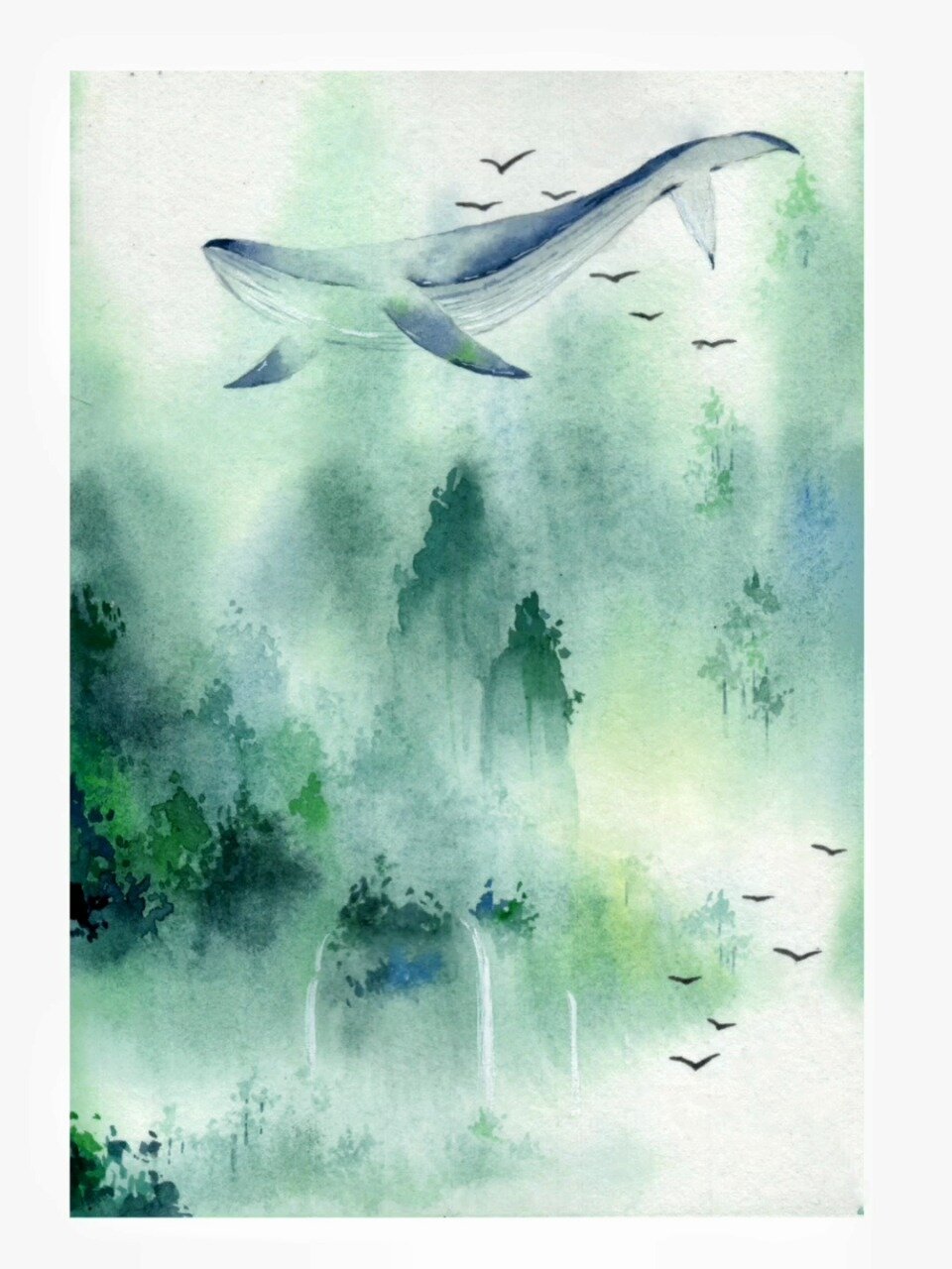 水彩手绘鲸鱼。北冥有鱼