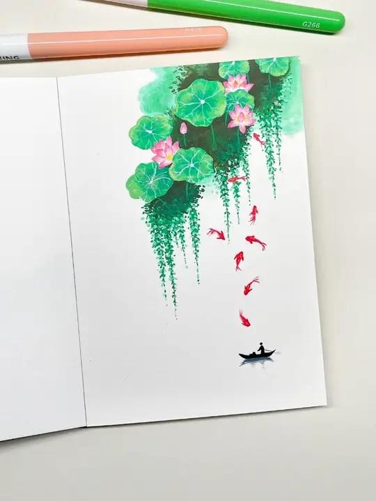 丙烯马克笔｜荷花锦鲤