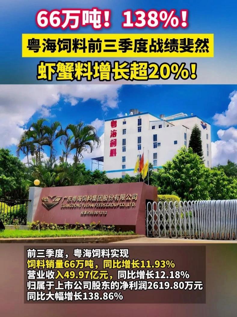 66万吨!138%!粤海饲料前三季度战绩斐然,虾蟹料增长超20%!粤海饲料 饲料 水产饲料