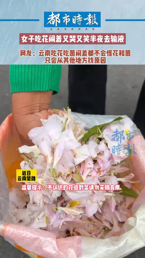 「云南女生吃花中毒半夜又哭又笑」近日,云南楚雄。一女生吃花中毒又哭又笑,连夜去医院输液。女