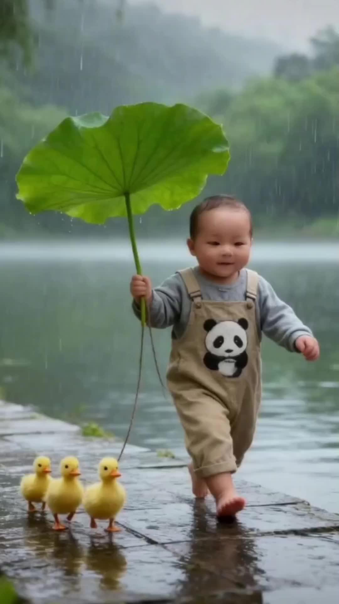 这大概就是童年最美好的样子:一把荷叶伞,三只小黄鸭,一场雨,一路欢笑。#ai萌娃写真照拍同