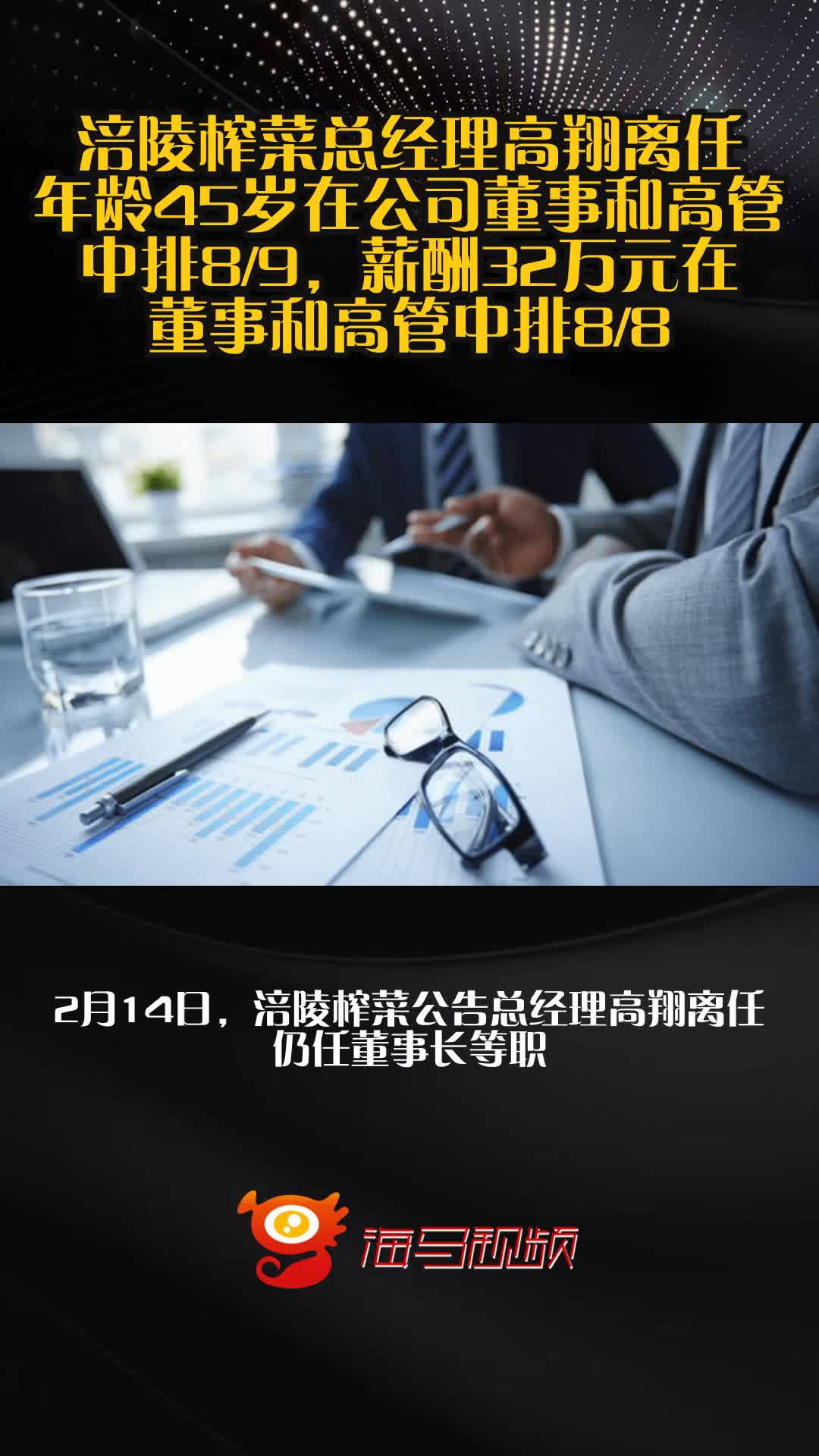 涪陵榨菜总经理高翔离任，年龄45岁在公司董事和高管中排8/9，薪酬32万元在董事和高管中排